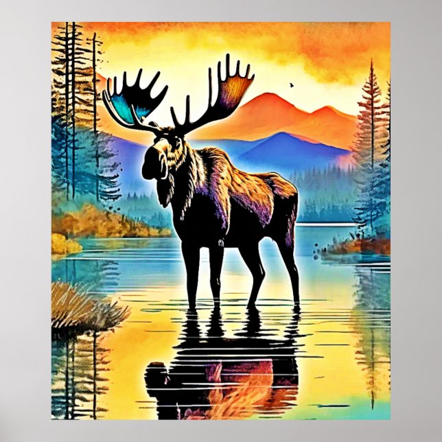 Moose Sjö Sunset Majesty Poster (Framsidan)