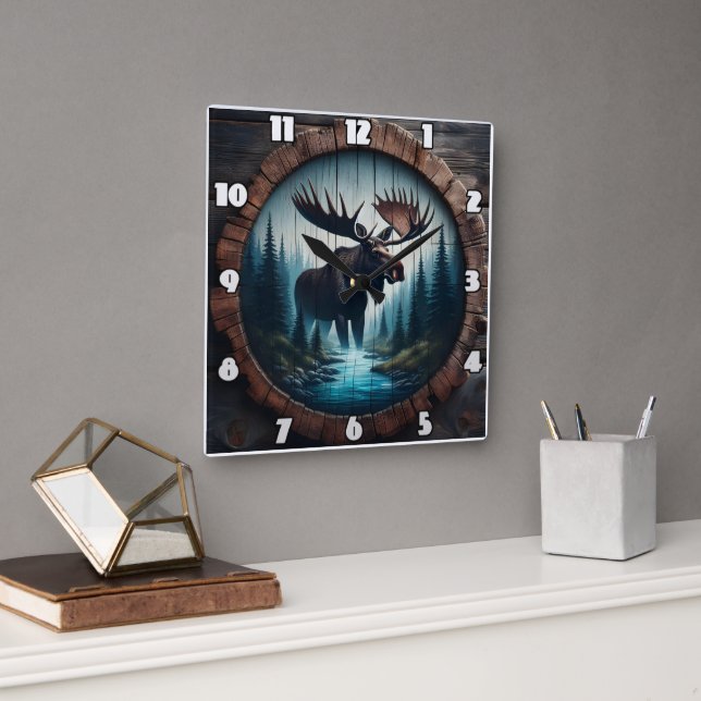 Moose som står av en ström i en skog fyrkantig klocka (Kontor)