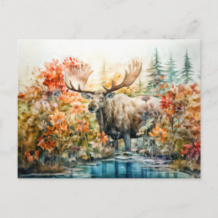 Moose som står i damm mellan växter helg vykort