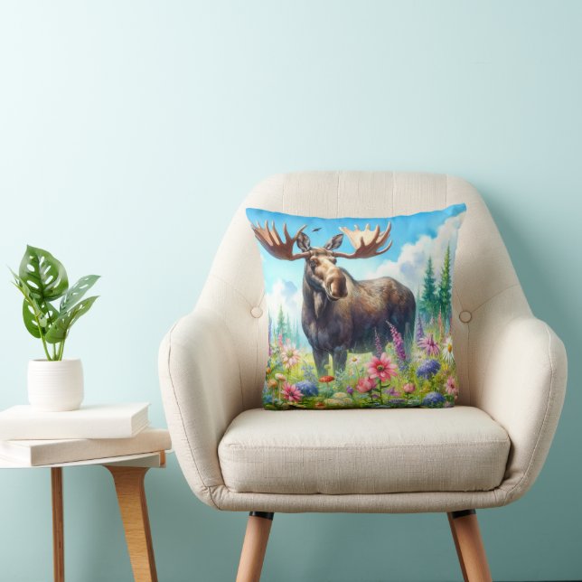 Moose Ställd i Flowers Cotton Dekorativ kudde (Stol)