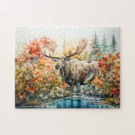 Moose standing in pond among plants pussel