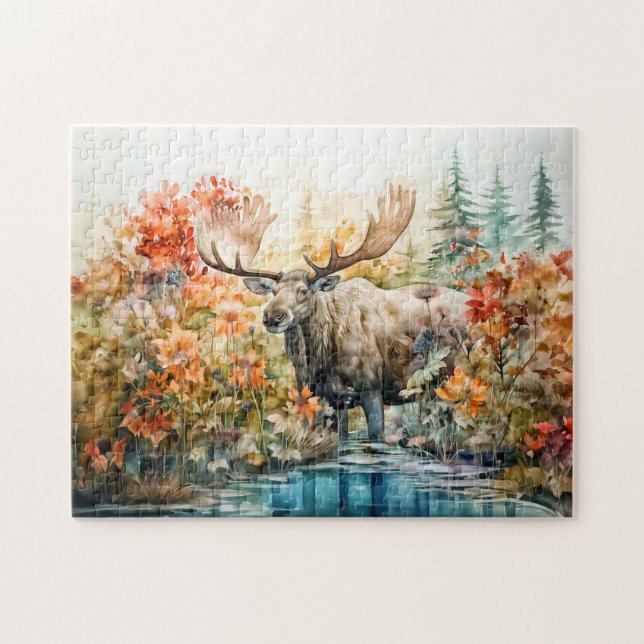 Moose standing in pond among plants pussel (Horisontell)