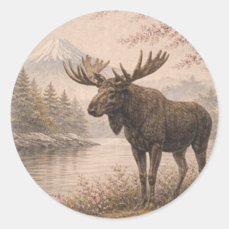 Moose Sticker, Japanese Landscape Wildlife Art, Runt Klistermärke