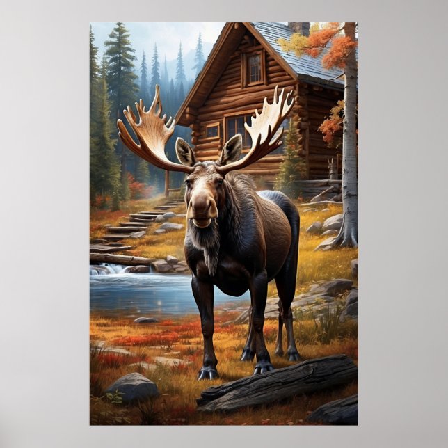 *~* MOOSE Stream Nature Cabin Forest AP49 Poster (Framsidan)