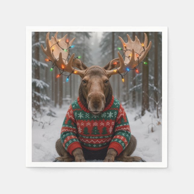 Moose Wearing Ugly Christmas Sweater Pappersservett (Framsidan)