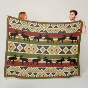 Moose Wildlife Animal Red Grönt Ochre Ikat Rand Fleecefilt