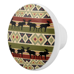 Moose Wildlife Animal Red Grönt Ochre Ikat Rand Knopp