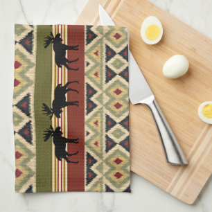 Moose Wildlife Animal Red Grönt Ochre Ikat Rand Kökshandduk
