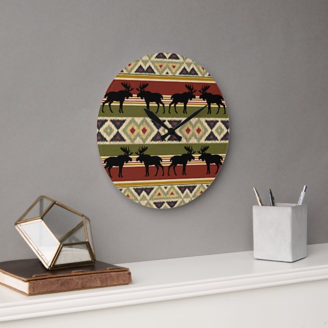 Moose Wildlife Animal Red Grönt Ochre Ikat Rand Stor Klocka (Kontor)