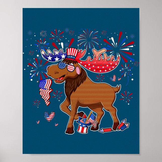 Moose with Fireworks Sunglasses Hat Merica Funny Poster (Framsidan)