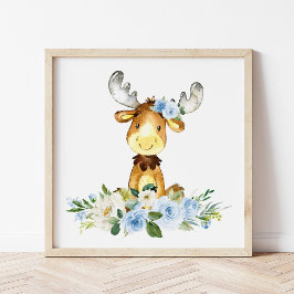 Moose, Woodland Animals, Boho, Blåa blommor Poster