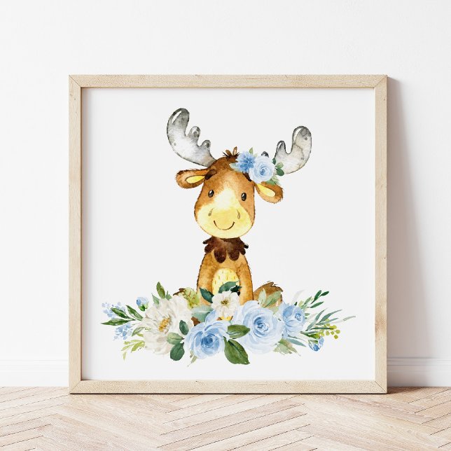 Moose, Woodland Animals, Boho, Blåa blommor Poster (Skapare uppladdad)