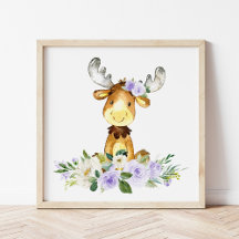 Moose, Woodland Animals, Boho, Lila blommor