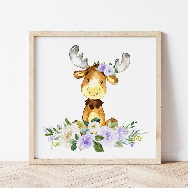 Moose, Woodland Animals, Boho, Lila blommor Poster (Skapare uppladdad)