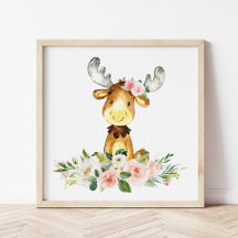 Moose, Woodland Animals, Boho, Rosa Flowers