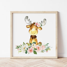 Moose, Woodland Animals, Boho, Rosa Flowers Fototryck