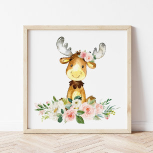 Moose, Woodland Animals, Boho, Rosa Flowers Fototryck