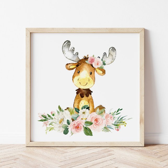 Moose, Woodland Animals, Boho, Rosa Flowers Fototryck (Skapare uppladdad)