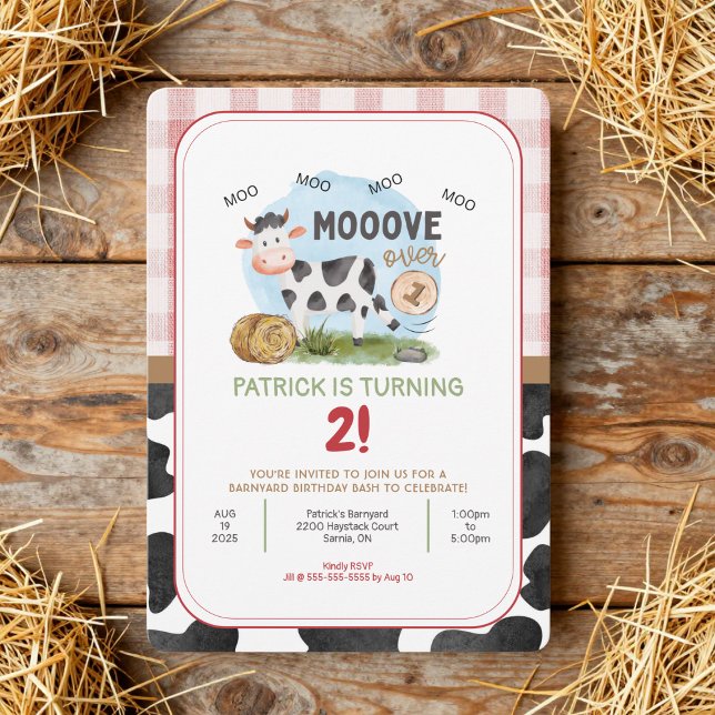 Moove över inbjudan till lantbrukartema på födelse (Farm Theme Kid's Birthday Party Invitation with a KICK!)