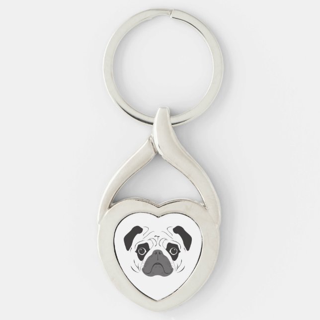 Mops ansikte siluett twisted heart silverfärgad nyckelring (Framsidan)
