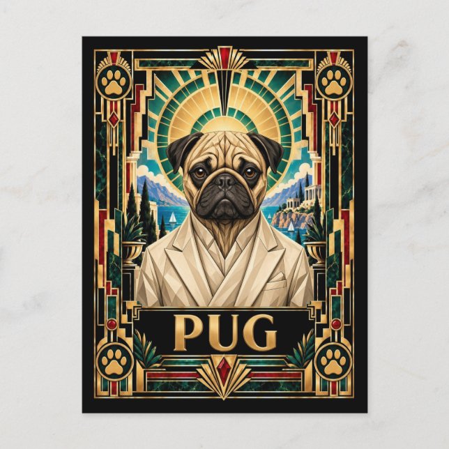 Mops, Art Deco Hund Vykort (Framsida)