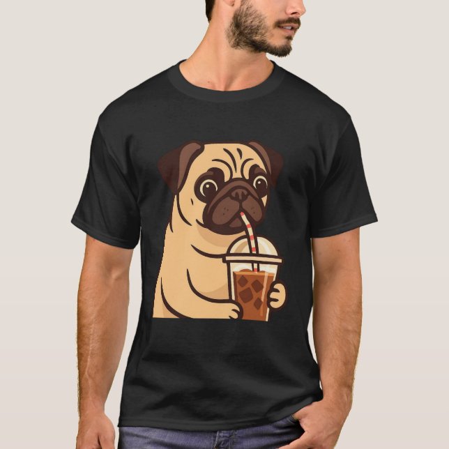 Mops Drinker Iglättad Kaffe Söt Hund Rolig Husdjur T Shirt (Framsida)