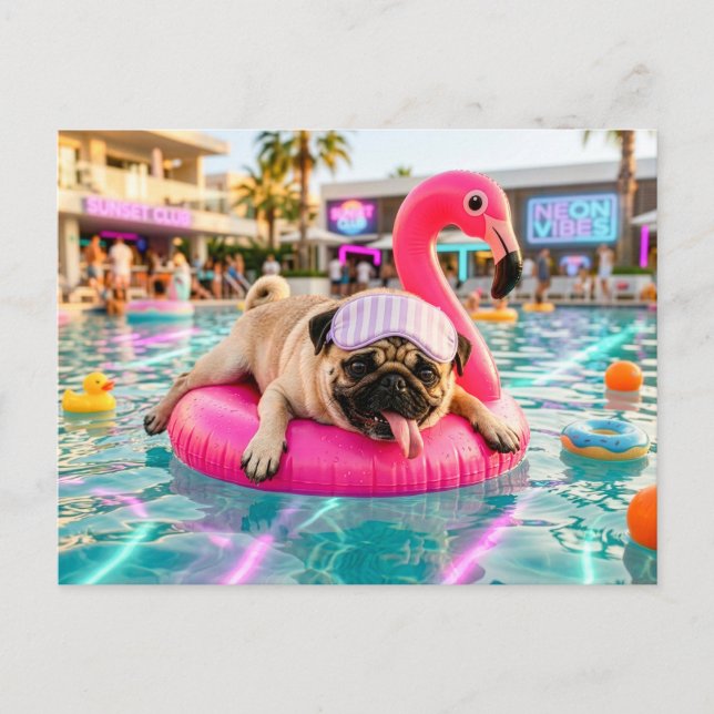 Mops flytande på rosa flamingoflotte vykort (Framsida)
