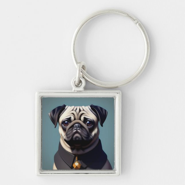 Mops Fyrkantig Silverfärgad Nyckelring (Framsidan)