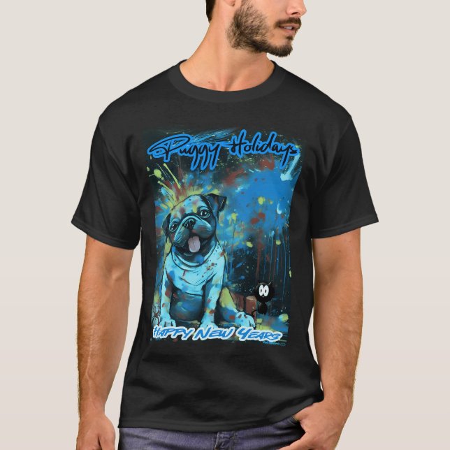Mops GLAD JUL 133 NYÅRSDAGEN MOPSIG HELGDAG T Shirt (Framsida)
