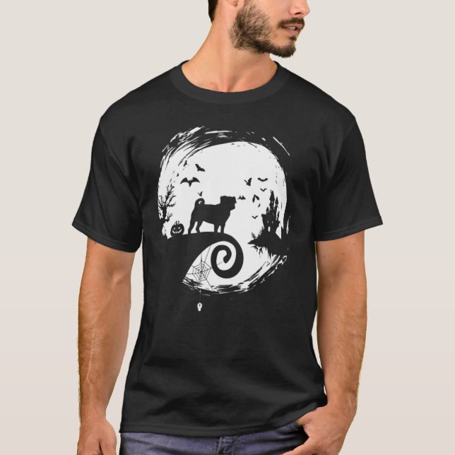 Mops Halloween-kostym mån siluett kuslig T Shirt (Framsida)