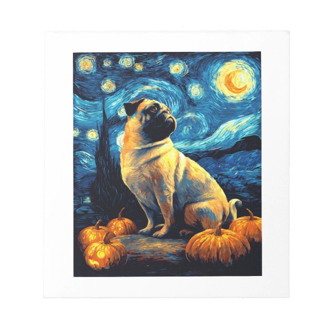 Mops hund av van goghs stjärnnatt halloween Rolig  Anteckningsblock (Framsida)