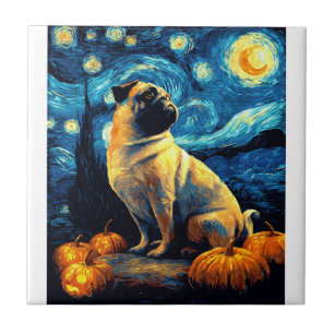 Mops hund av van goghs stjärnnatt halloween Rolig Kakelplatta