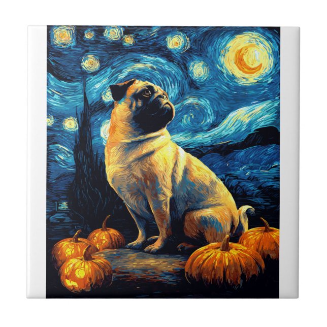 Mops hund av van goghs stjärnnatt halloween Rolig  Kakelplatta (Framsidan)