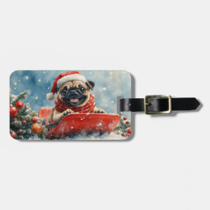 Mops hund i släde Låt det snöa jul Bagagebricka