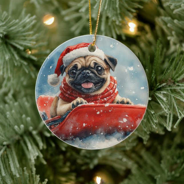 Mops hund i släde Låt det snöa jul Julgransprydnad Keramik (Träd)