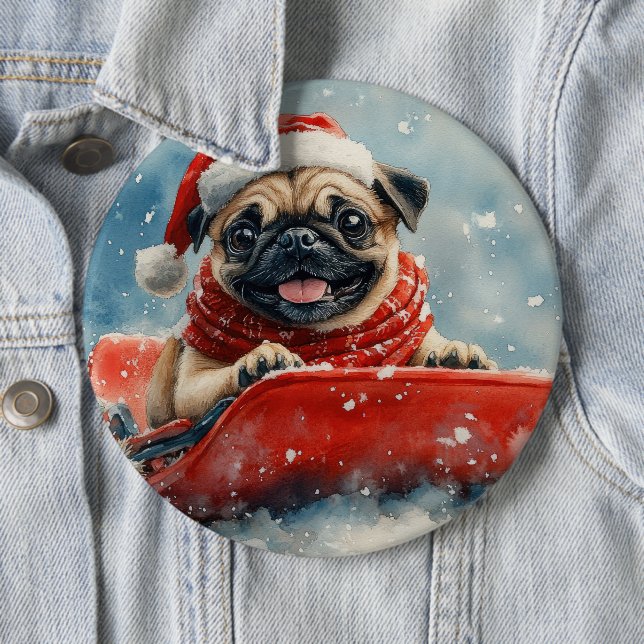 Mops hund i släde Låt det snöa jul Knapp (In Situ)