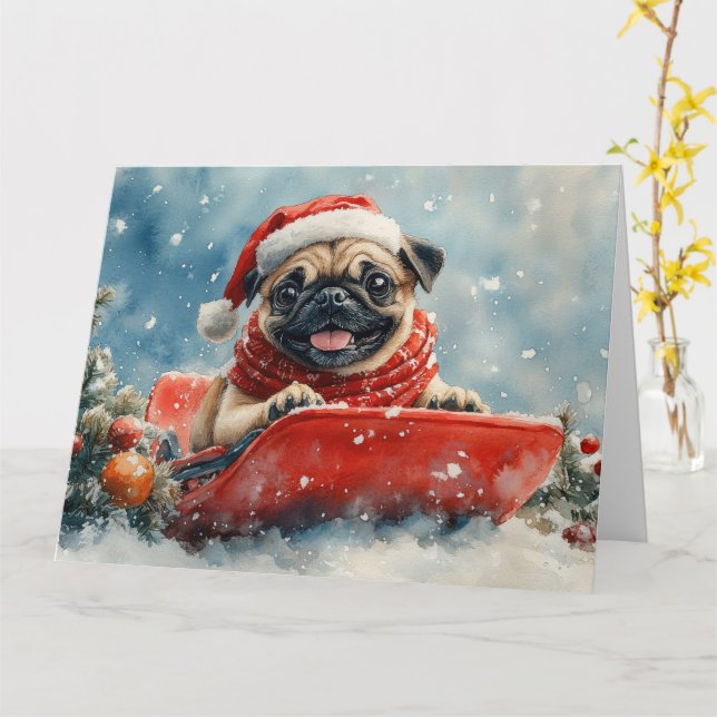 Mops hund i släde Låt det snöa jul Kort (Gul blomma)