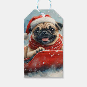 Mops hund i släde Låt det snöa jul Presentetikett