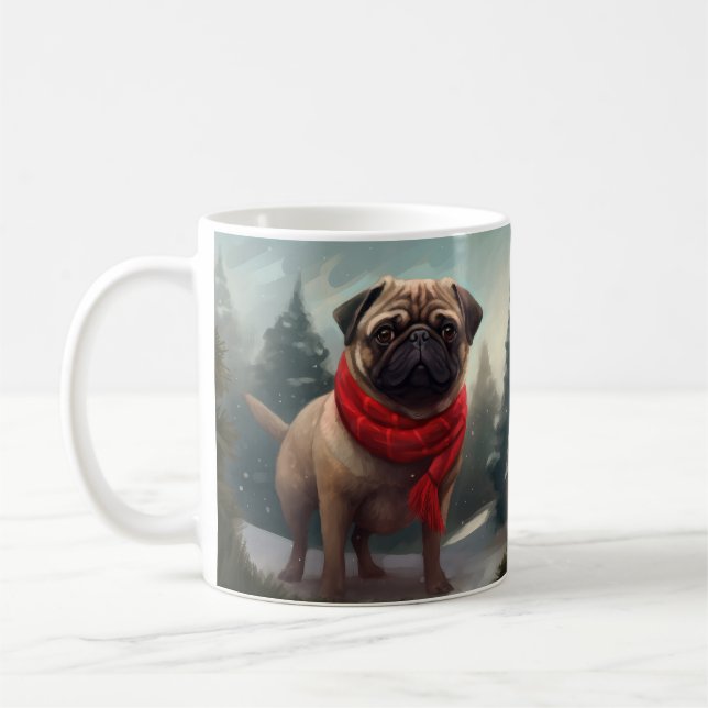 Mops hund i snö jul kaffemugg (Vänster)