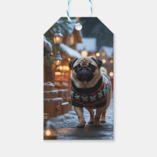 Mops Hund Jul Snö Semester Presentetikett