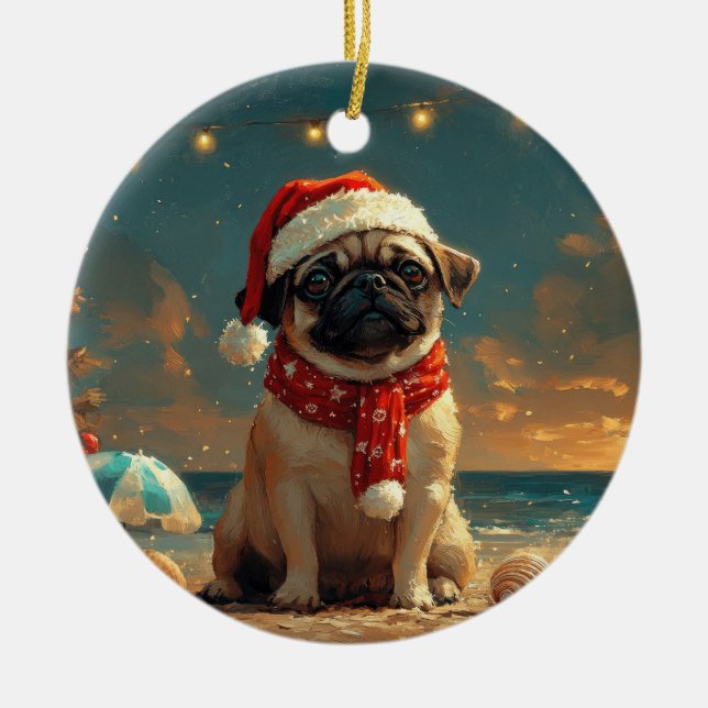 Mops Hund Jul Vintage Strand Julgransprydnad Keramik (Framsidan)