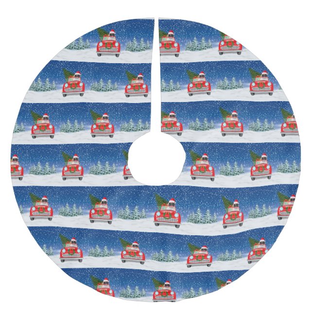 Mops Hund Kör Bil I Snö Jul  Julgransmatta Borstad Polyester (Framsidan)