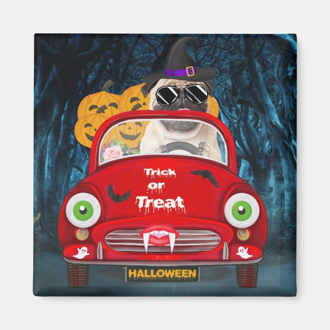 Mops Hund Kör Bil Skräckinjagande Halloween Magnet (Framsidan)