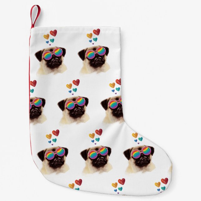 Mops hund med hjärtan Alla hjärtans dag Liten Julstrumpa (Framsidan)