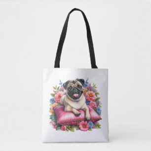 Mops hund på en kudde med blommor i akvarell tygkasse