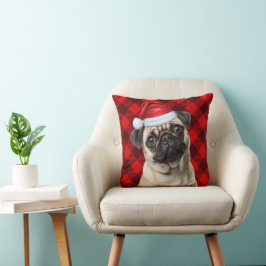 Mops Hund Röd Buffalo Rutig Jul Högtid Kudde