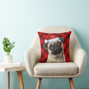 Mops Hund Röd Buffalo Rutig Jul Högtid Kudde