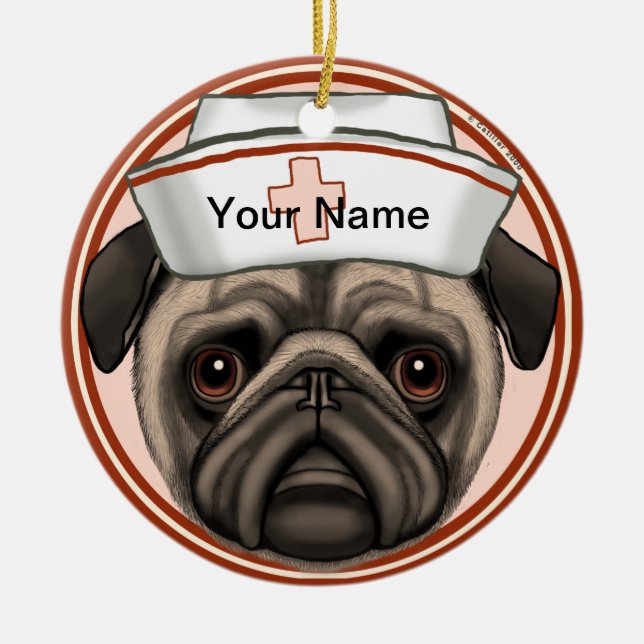 Mops Hund Sjuksköterska  Julgransprydnad Keramik (Framsidan)