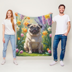 Mops Hund Vårblommor Målning Fleecefilt