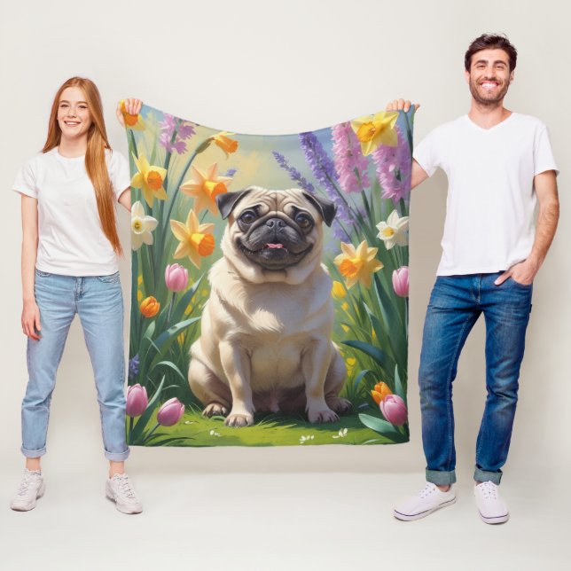 Mops Hund Vårblommor Målning Fleecefilt (På plats)